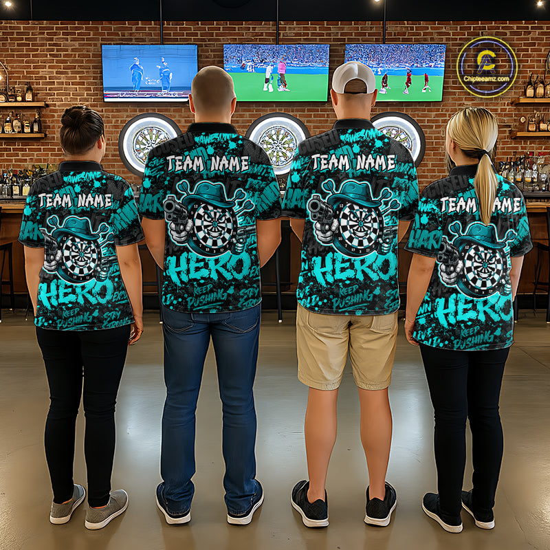 Black & Teal Graffiti Dartboard Cowboy Gun Women Darts Polo 1/4 Zip Shirts Custom Darts Team Jersey NYN4086