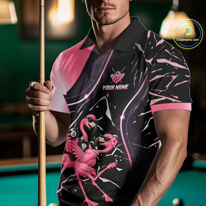 Dancing Flamingo Billiard Polo 1/4-Zip Shirt For Men Custom 8 Ball Pool Shirt Gift For Couples |Pink NYN4476