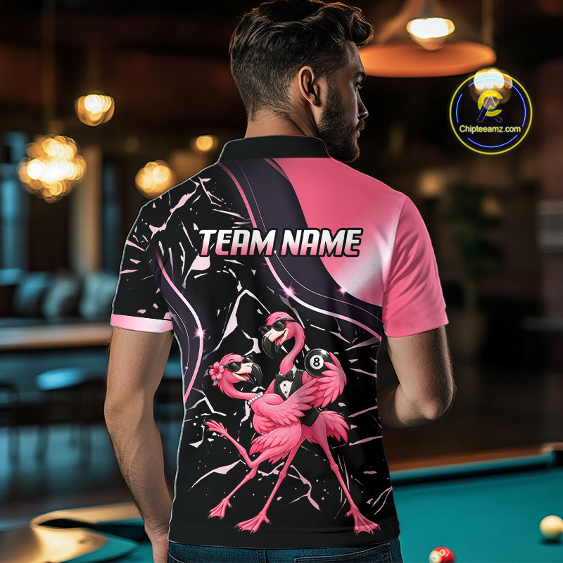 Dancing Flamingo Billiard Polo 1/4-Zip Shirt For Men Custom 8 Ball Pool Shirt Gift For Couples |Pink NYN4476