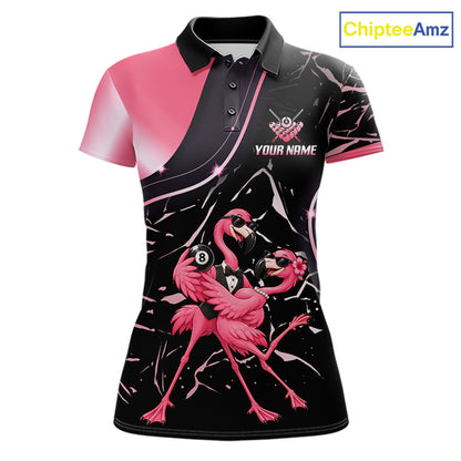 Dancing Flamingo Billiard Polo 1/4-Zip Shirt For Women Custom 8 Ball Pool Shirt Gift For Couples |Pink NYN4476