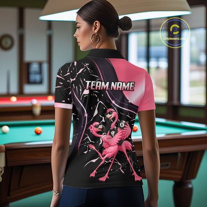 Dancing Flamingo Billiard Polo 1/4-Zip Shirt For Women Custom 8 Ball Pool Shirt Gift For Couples |Pink NYN4476