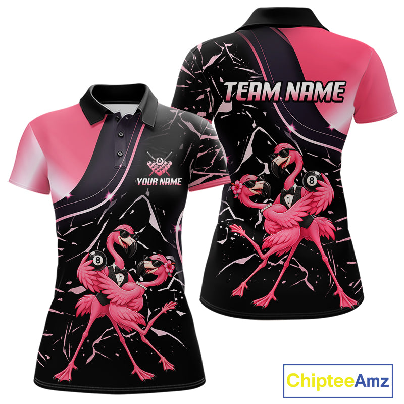 Dancing Flamingo Billiard Polo 1/4-Zip Shirt For Women Custom 8 Ball Pool Shirt Gift For Couples |Pink NYN4476