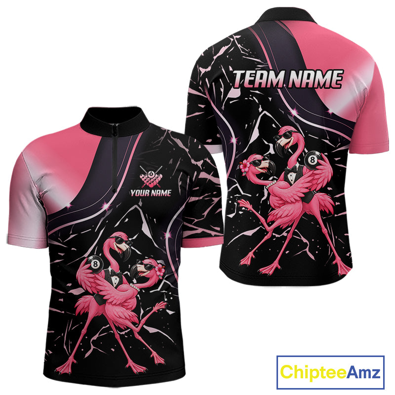 Dancing Flamingo Billiard Polo 1/4-Zip Shirt For Men Custom 8 Ball Pool Shirt Gift For Couples |Pink NYN4476