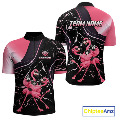 Dancing Flamingo Billiard Polo 1/4-Zip Shirt For Men Custom 8 Ball Pool Shirt Gift For Couples |Pink NYN4476