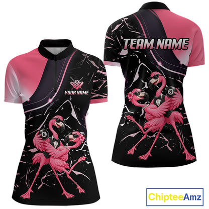 Dancing Flamingo Billiard Polo 1/4-Zip Shirt For Women Custom 8 Ball Pool Shirt Gift For Couples |Pink NYN4476