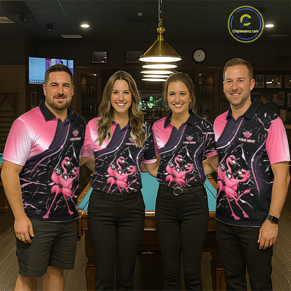 Dancing Flamingo Billiard Polo 1/4-Zip Shirt For Men Custom 8 Ball Pool Shirt Gift For Couples |Pink NYN4476