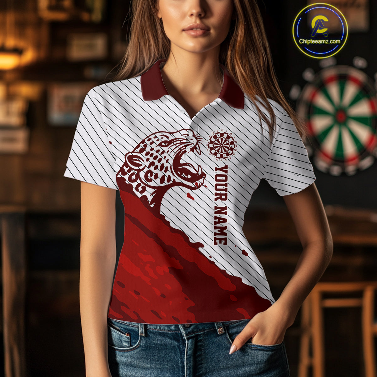 Personalized White And Red Striped Leopard Darts Polo Shirts For Women Dart Team Jerseys NYN2197