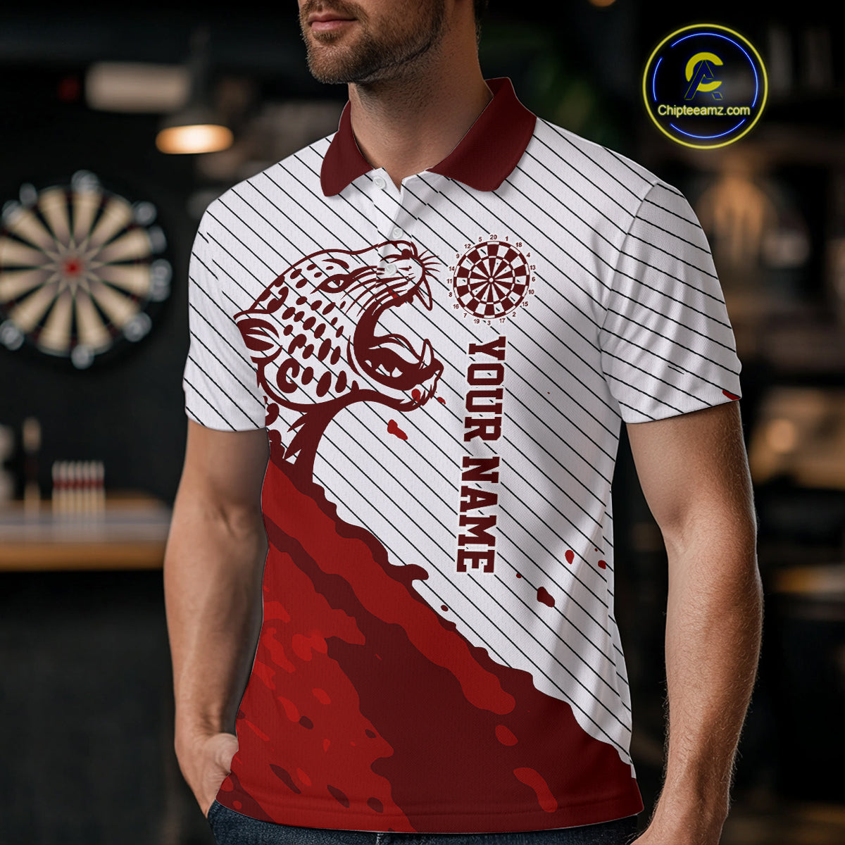 Personalized White And Red Striped Leopard Darts Polo Shirts For Men Dart Team Jerseys NYN2197