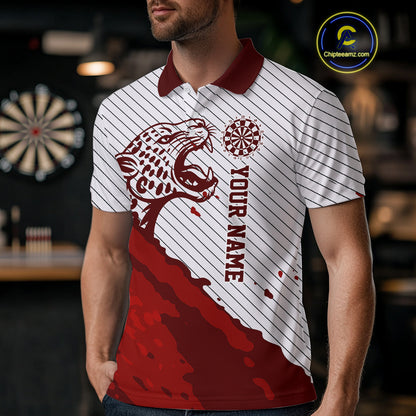 Personalized White And Red Striped Leopard Darts Polo Shirts For Men Dart Team Jerseys NYN2197
