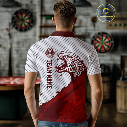 Personalized White And Red Striped Leopard Darts Polo Shirts For Men Dart Team Jerseys NYN2197