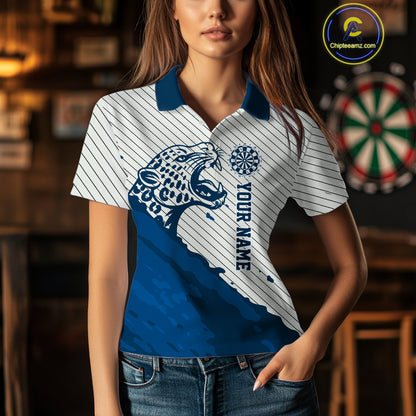 Personalized White And Blue Striped Leopard Darts Polo Shirts For Women Dart Team Jerseys NYN2198
