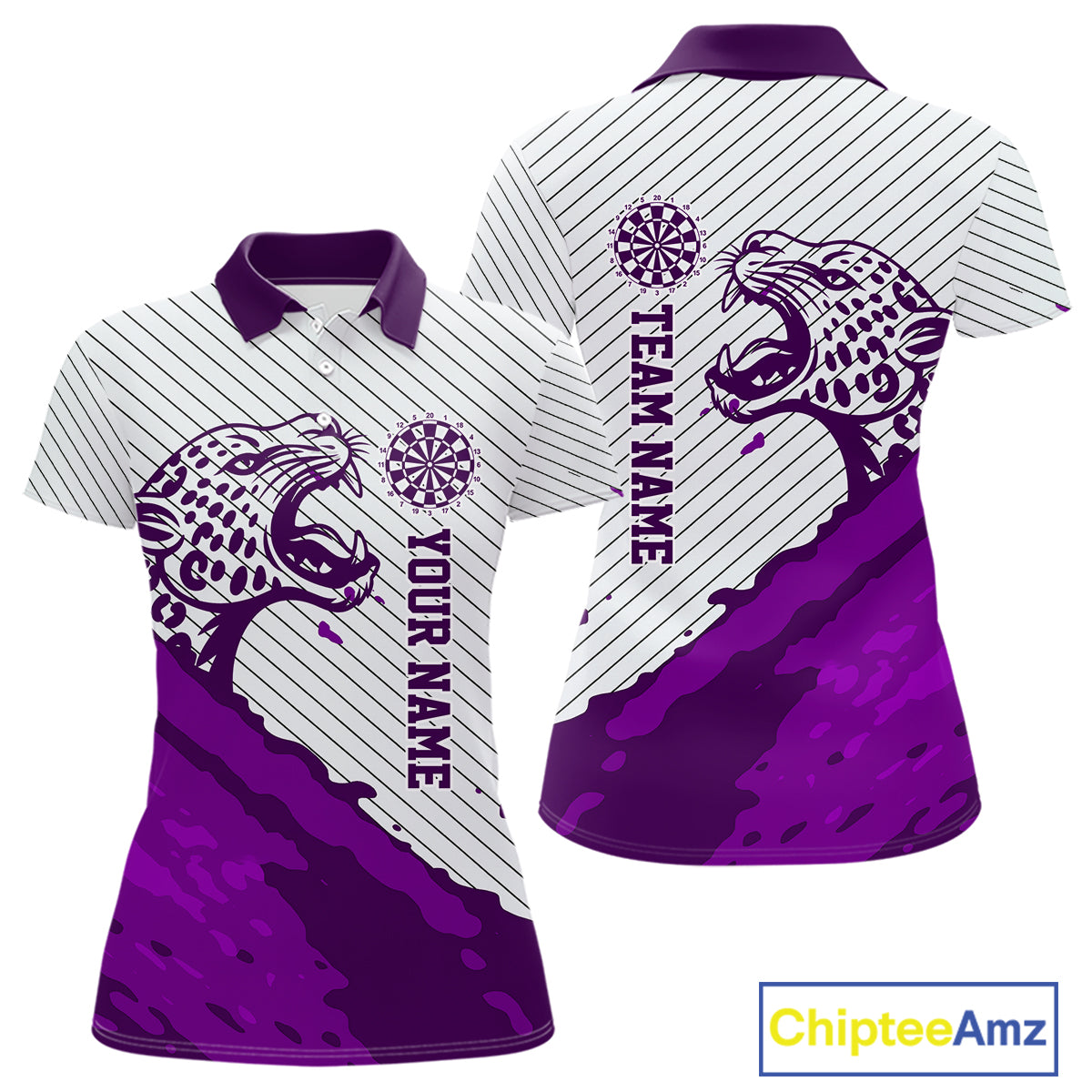 Personalized White And Purple Striped Leopard Darts Polo Shirts For Women Dart Team Jerseys NYN2199