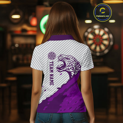 Personalized White And Purple Striped Leopard Darts Polo Shirts For Women Dart Team Jerseys NYN2199