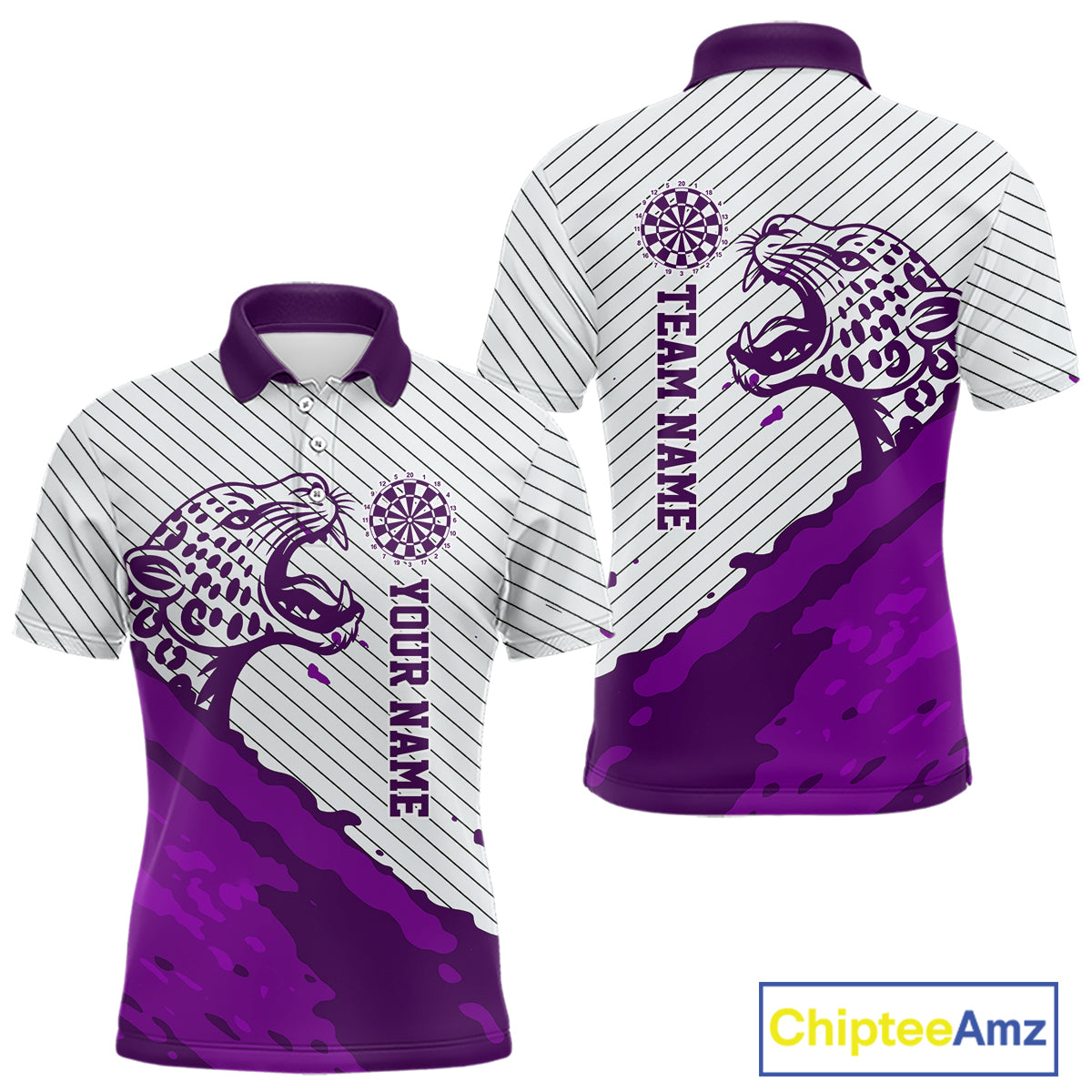 Personalized White And Purple Striped Leopard Darts Polo Shirts For Men Dart Team Jerseys NYN2199