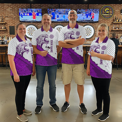 Personalized White And Purple Striped Leopard Darts Polo Shirts For Men Dart Team Jerseys NYN2199