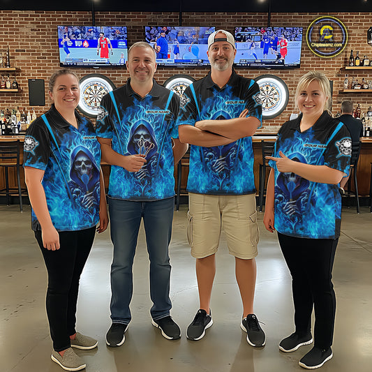 Personalized Blue Flaming Grim Reaper Women Darts Quarter-Zip League Shirts Outfits Dart Jerseys NYN2208