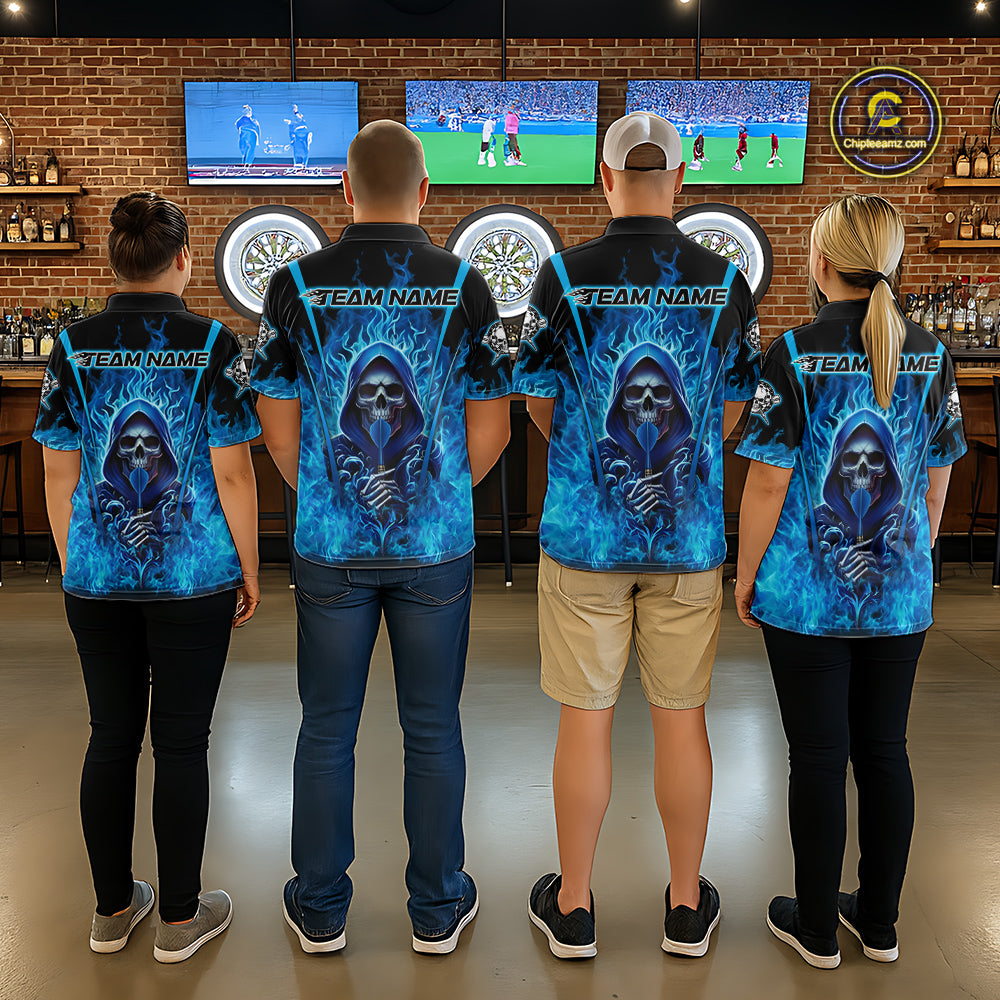 Personalized Blue Flaming Grim Reaper Men Darts Polo League Shirts Outfits Dart Jerseys NYN2208