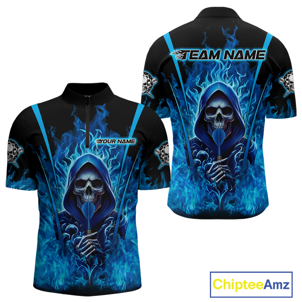 Personalized Blue Flaming Grim Reaper Men Darts Quarter-Zip League Shirts Outfits Dart Jerseys NYN2208