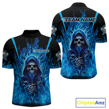 Load image into Gallery viewer, Personalized Blue Flaming Grim Reaper Men Darts Quarter-Zip League Shirts Outfits Dart Jerseys NYN2208