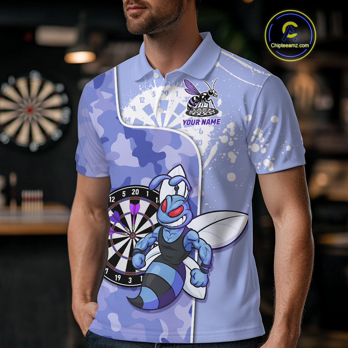 Custom Funny Bee Purple Camouflage Men Darts Polo League Shirts Splatter Dart Jerseys NYN2210