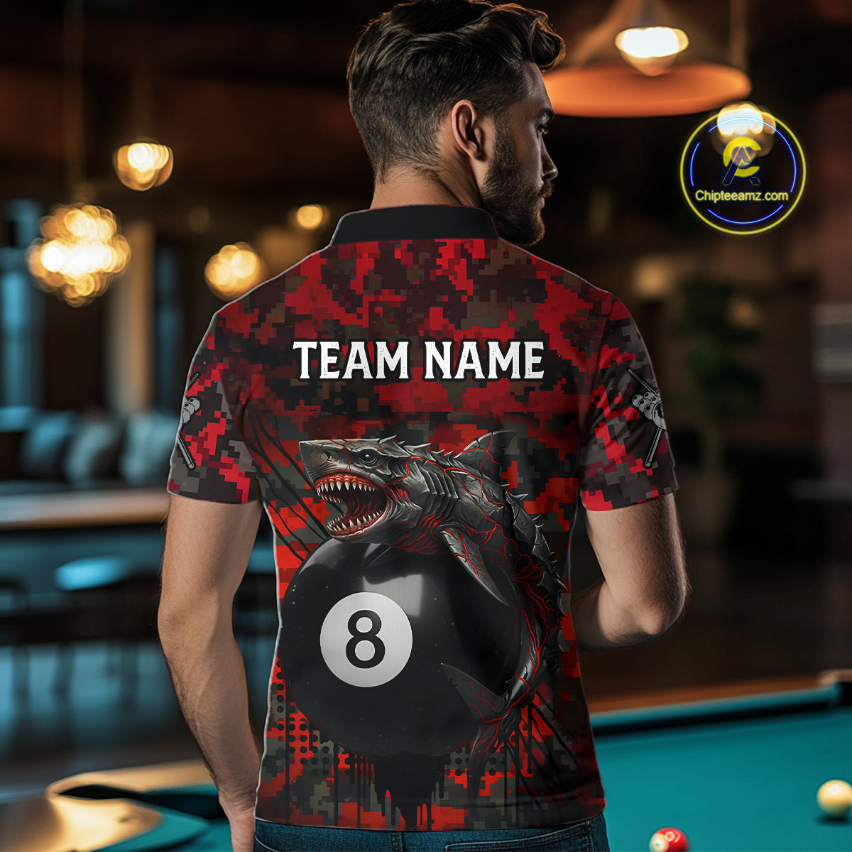 Horror Shark Play Pool 8 Ball Men's Billiard Team Shirt Custom Red Camouflage Billiard Attire NYN2499