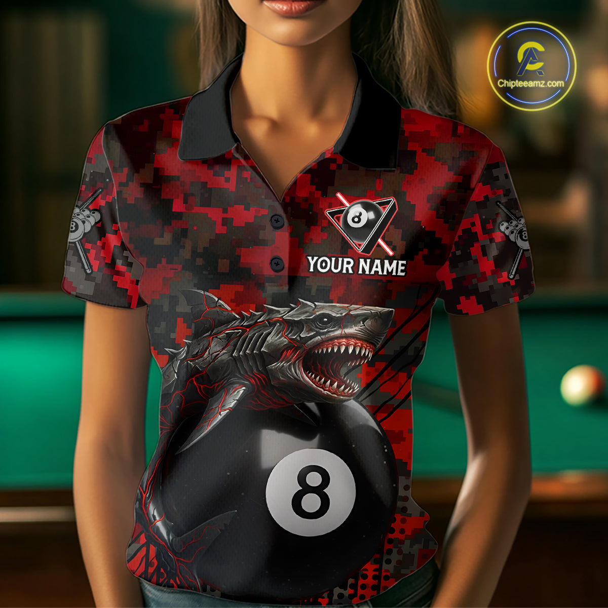 Horror Shark Play Pool 8 Ball Women's Billiard Team Shirt Custom Red Camouflage Billiard Attire NYN2499