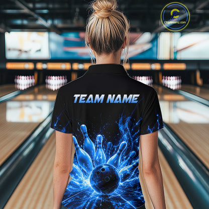 Female bowler wearing Blue Flames Bowling Ball and Pins bowling jersey during league competition