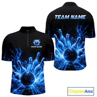 Blue Flames Bowling Ball and Pins men's quarter zip bowling shirt custom bowling uniform, tournament apparel