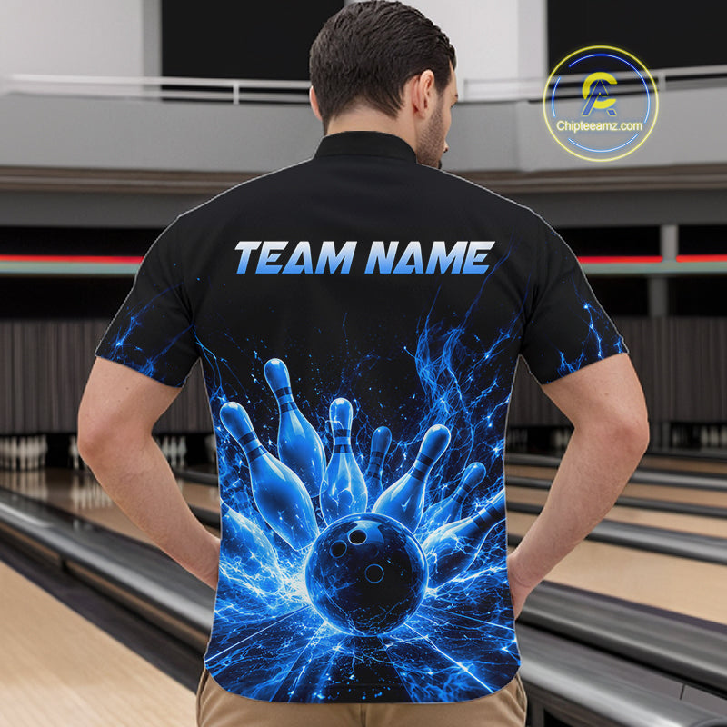 Male bowler wearing Blue Flames Bowling Ball and Pins bowling jersey during league competition