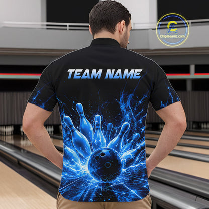 Male bowler wearing Blue Flames Bowling Ball and Pins bowling jersey during league competition