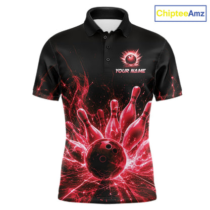 Red Flames Bowling Ball and Pins men's bowling polo shirt custom bowling team jersey, lightning bowling uniform