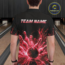Load image into Gallery viewer, Male bowler wearing Red Flames Bowling Ball and Pins bowling jersey in tournament competition