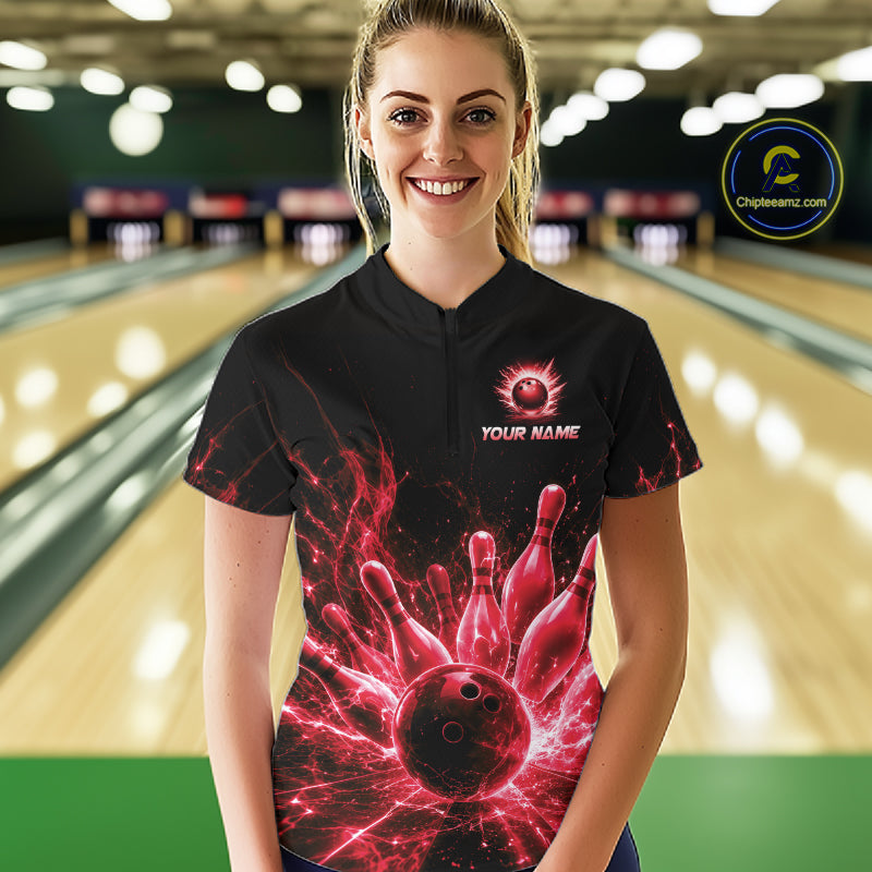 Female bowler wearing Red Flames Bowling Ball and Pins bowling jersey in tournament competition