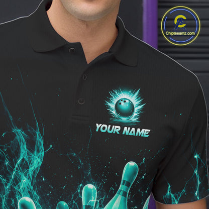 Male bowler wearing Teal Flames Bowling Ball and Pins bowling shirt during bowling league play