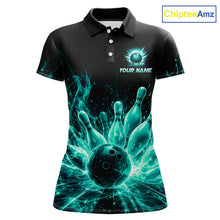 Load image into Gallery viewer, Teal Flames Bowling Ball and Pins women's bowling polo shirt custom thunder bowling team uniform