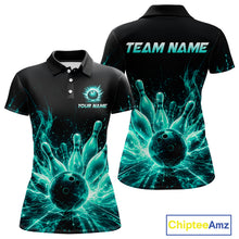 Load image into Gallery viewer, Teal Flames Bowling Ball and Pins women's bowling polo shirt custom thunder bowling team uniform