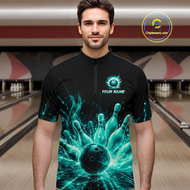 Male bowler wearing Teal Flames Bowling Ball and Pins bowling shirt during bowling league play
