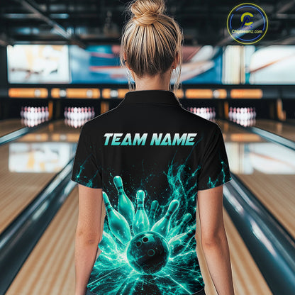 Female bowler wearing Teal Flames Bowling Ball and Pins bowling shirt during bowling league play