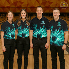 Load image into Gallery viewer, Men women bowling team wearing Teal Flames bowling uniforms and custom bowling team apparel