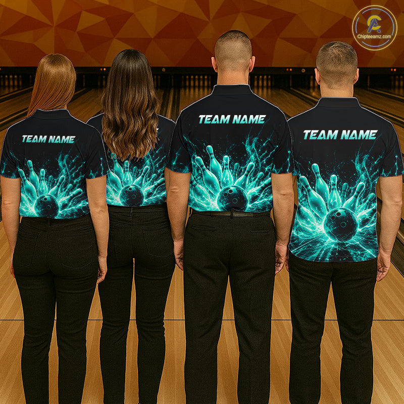 Men women bowling team wearing Teal Flames bowling uniforms and custom bowling team apparel