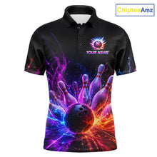 Load image into Gallery viewer, Colorful Flames Bowling Ball and Pins men's bowling polo shirt custom bowling team jersey, vibrant bowling apparel