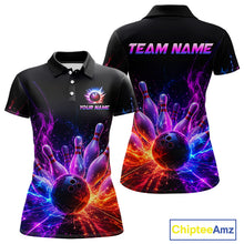 Load image into Gallery viewer, Colorful Flames Bowling Ball and Pins women's bowling polo shirt custom bowling team jersey, vibrant bowling apparel