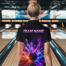 Load image into Gallery viewer, Female bowler wearing Colorful Flames Bowling Ball and Pins bowling jersey during tournament bowling event