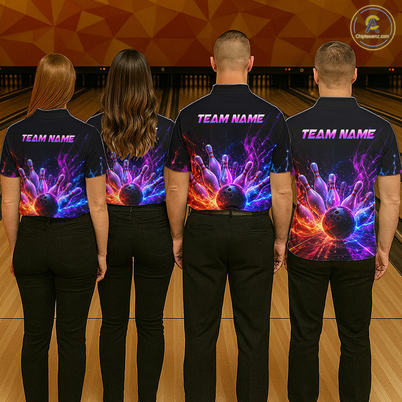 Men women bowling team wearing Colorful Flames custom bowling uniforms and league bowling jerseys