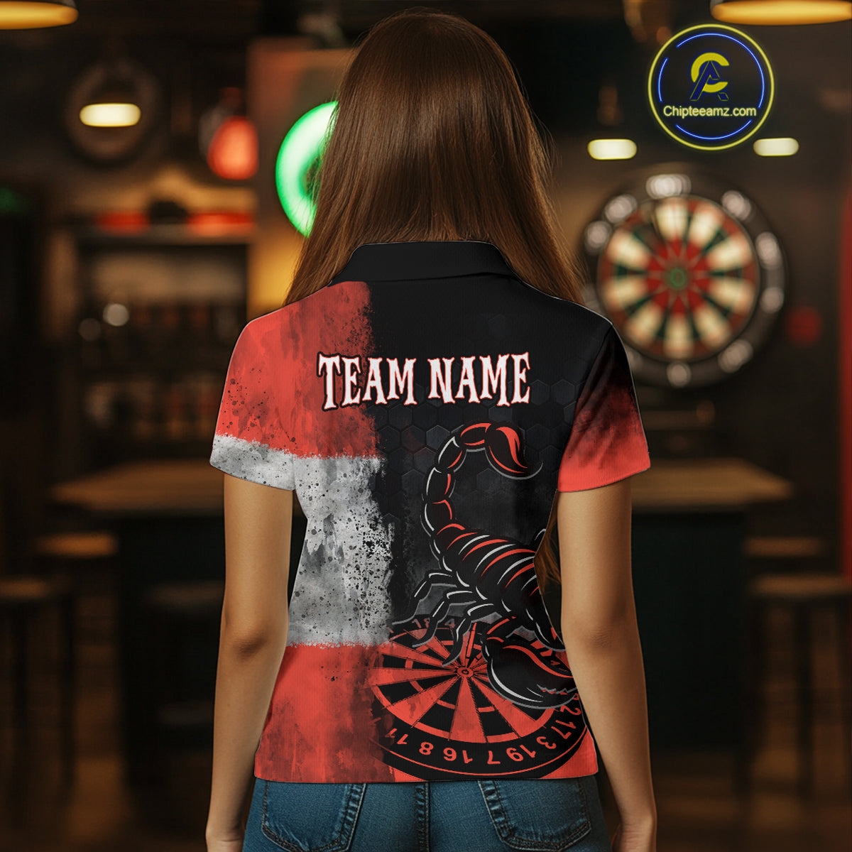 Custom Women's Darts Polo Jersey Scorpion Red & Dartboard 3D Design For Darts Team NYN0766