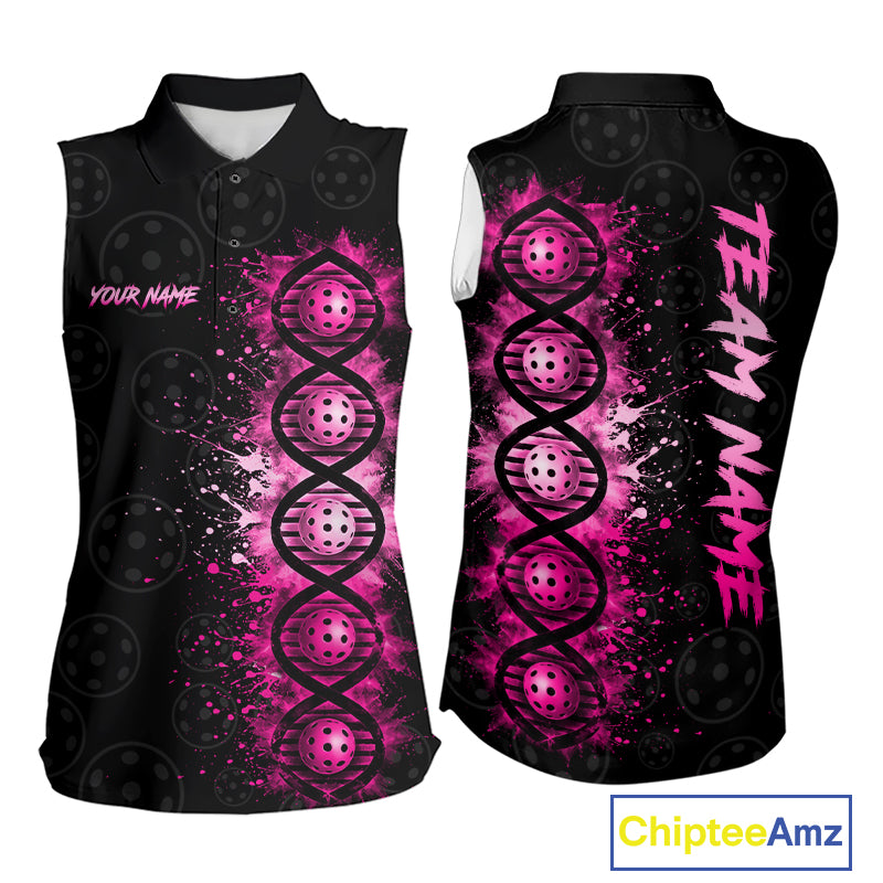 Pink Splatter Sleeveless Polo Pickleball Shirt Is In My Dna Custom Pickleball Tournament Team Uniform For Women NYN4115