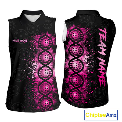 Pink Splatter Sleeveless Polo Pickleball Shirt Is In My Dna Custom Pickleball Tournament Team Uniform For Women NYN4115