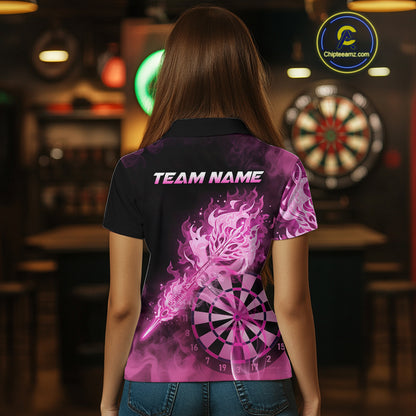 Custom Smoke Pink Fire Flaming Dart Arrow Women Darts Polo League Shirts Dart Team Jerseys NYN2213