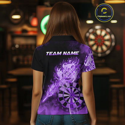 Custom Smoke Purple Fire Flaming Dart Arrow Women Darts Polo League Shirts Dart Team Jerseys NYN2214
