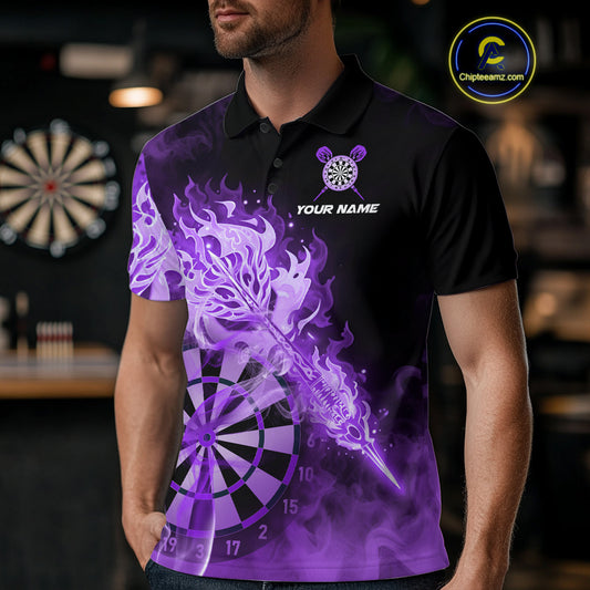 Custom Smoke Purple Fire Flaming Dart Arrow Men Darts Polo League Shirts Dart Team Jerseys NYN2214